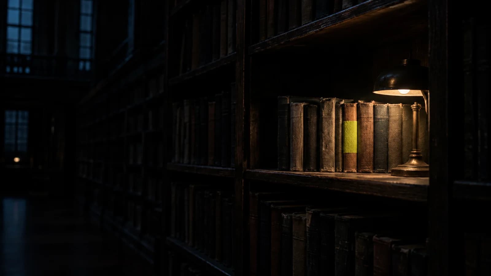 Большой книжный зал с одной освещённой полкой